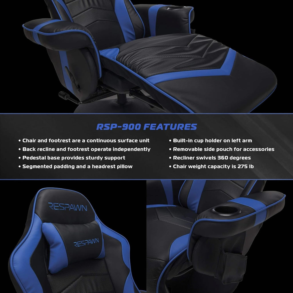 Blue 900 Gaming Recliner With Adjustable Leg Rest Cupholder