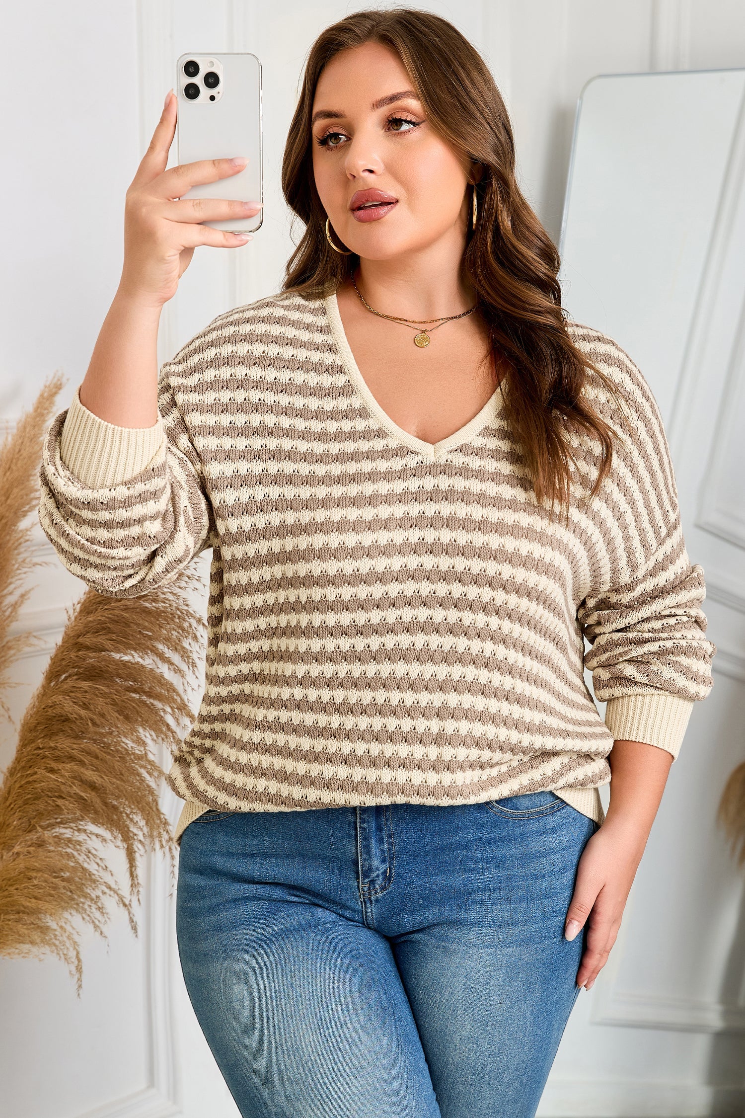 Plus Size Stripe V-Neck Drop Shoulder Sweater