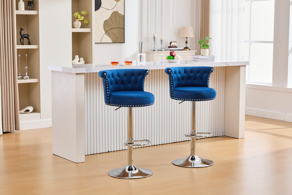 Velvet Bar Stool Set of 2, Adjustable Swivel Bar Stools with Silver