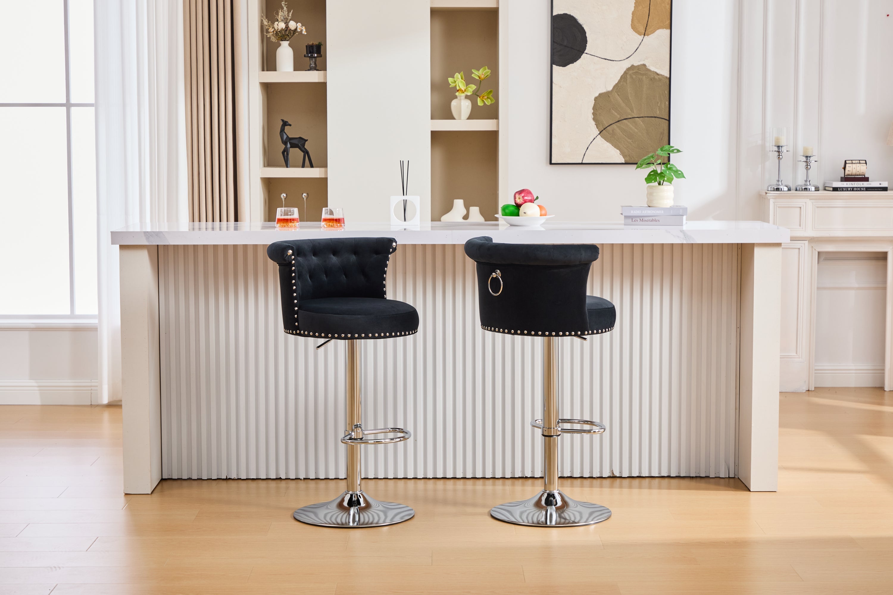 Velvet Bar Stool Set of 2, Adjustable Swivel Bar Stools with Silver