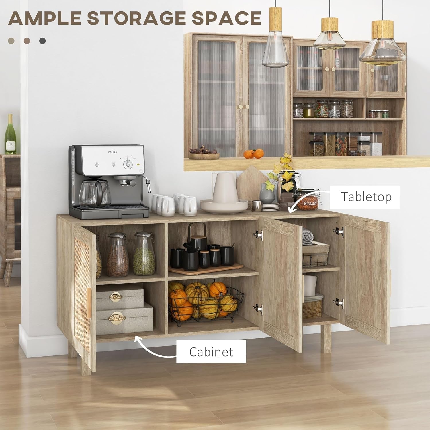 Sideboard Cabinet With Rattan Doors And Adjustable Shelves