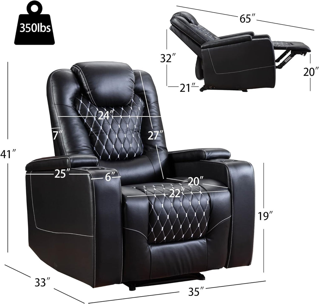 Black Power Recliner With USB Ports And Cup Holders