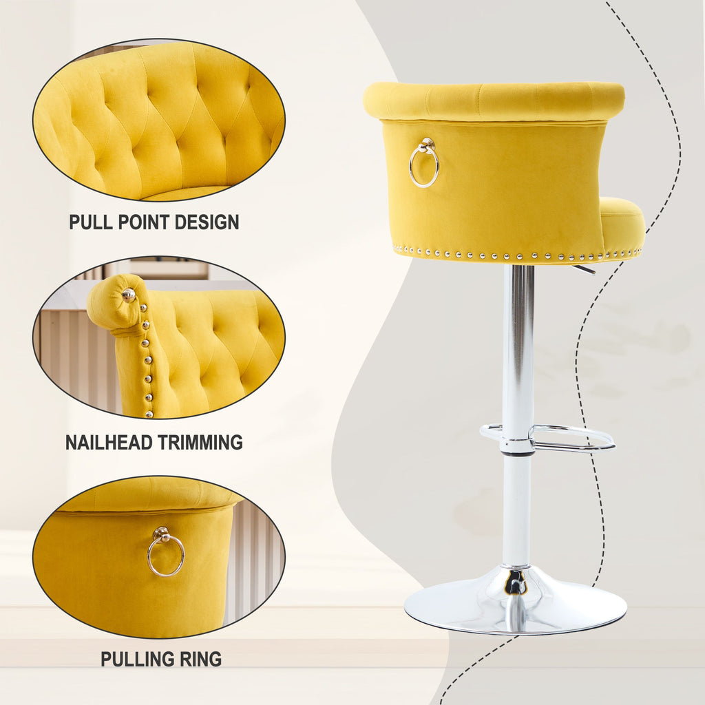 Velvet Bar Stool Set of 2, Adjustable Swivel Bar Stools with Silver