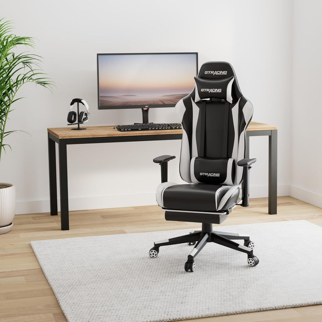 White Ergonomic Gaming Chair With Footrest And Height Adjustable