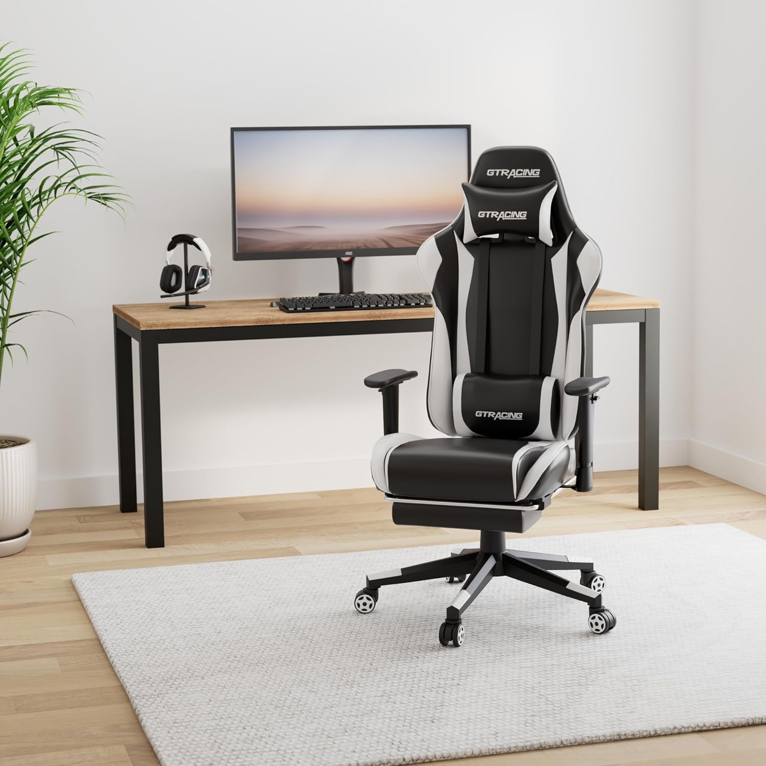 White Ergonomic Gaming Chair With Footrest And Height Adjustable