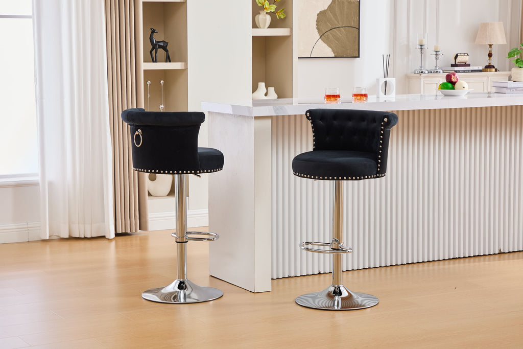 Velvet Bar Stool Set of 2, Adjustable Swivel Bar Stools with Silver