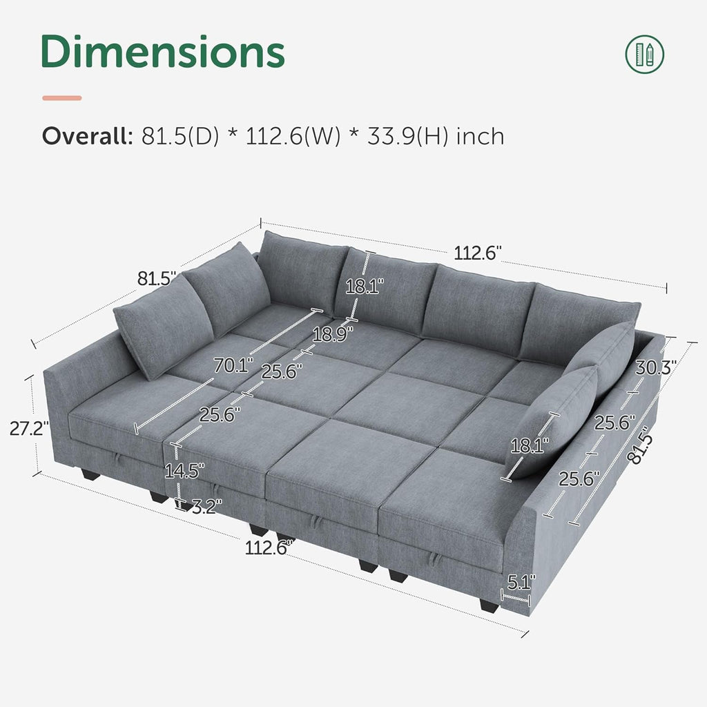 Convertible Sectional Sofa Bluish Grey Modular Storage