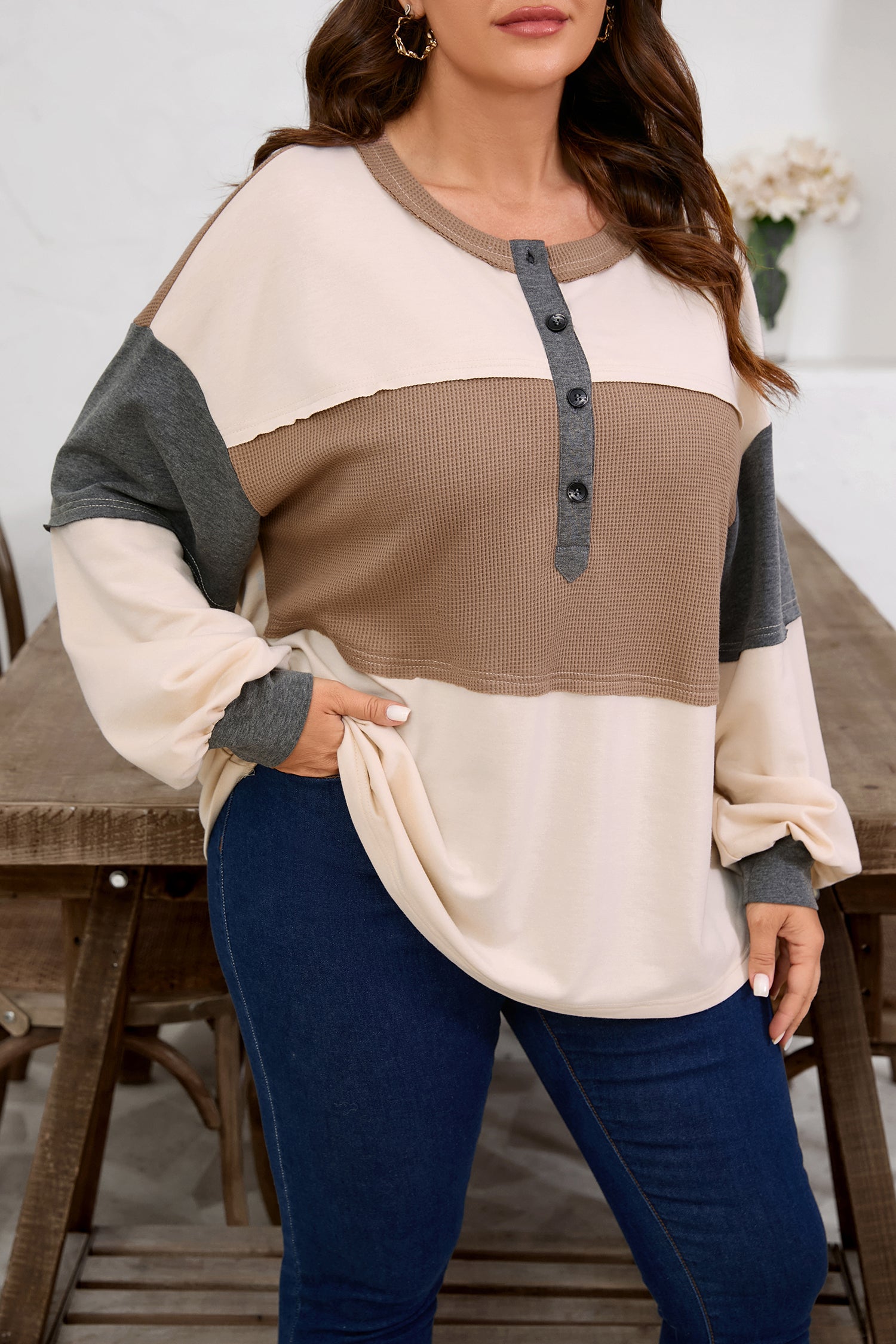 Plus Size Colorblock Waffle Knit Patchwork Half-Button Top