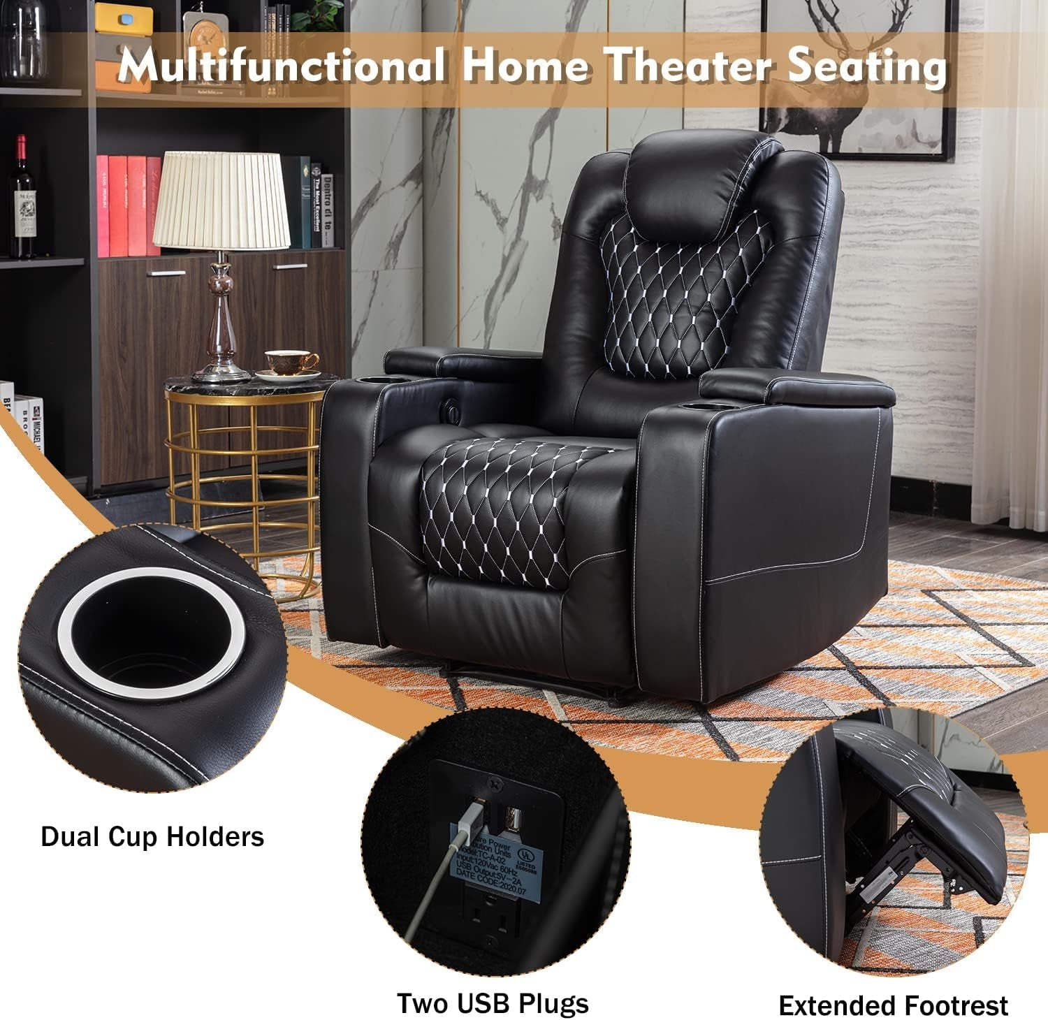 Black Power Recliner With USB Ports And Cup Holders