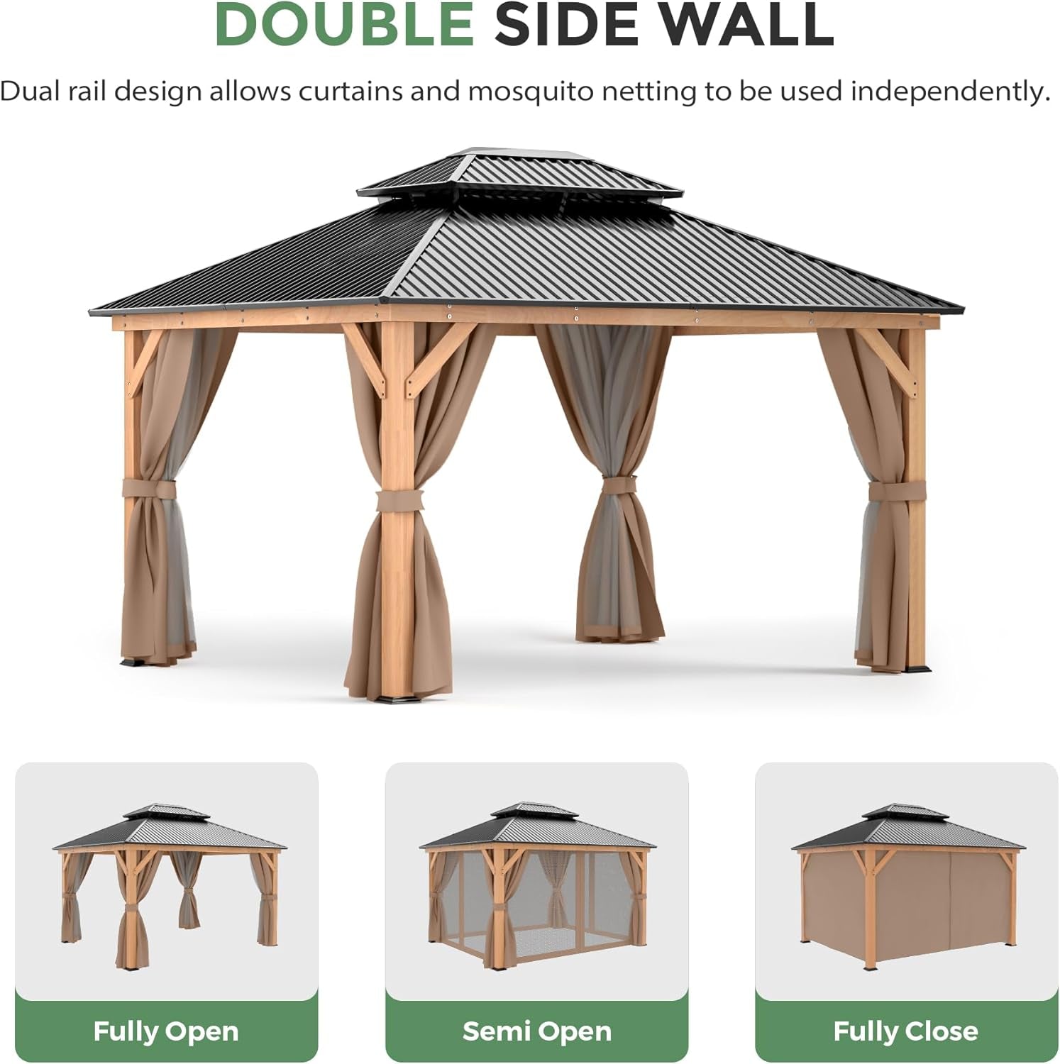 11x13 Wood Gazebo With Durable Outdoor Galvanized Steel Roof Netting