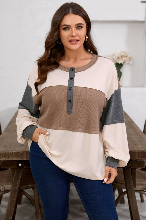 Plus Size Colorblock Waffle Knit Patchwork Half-Button Top
