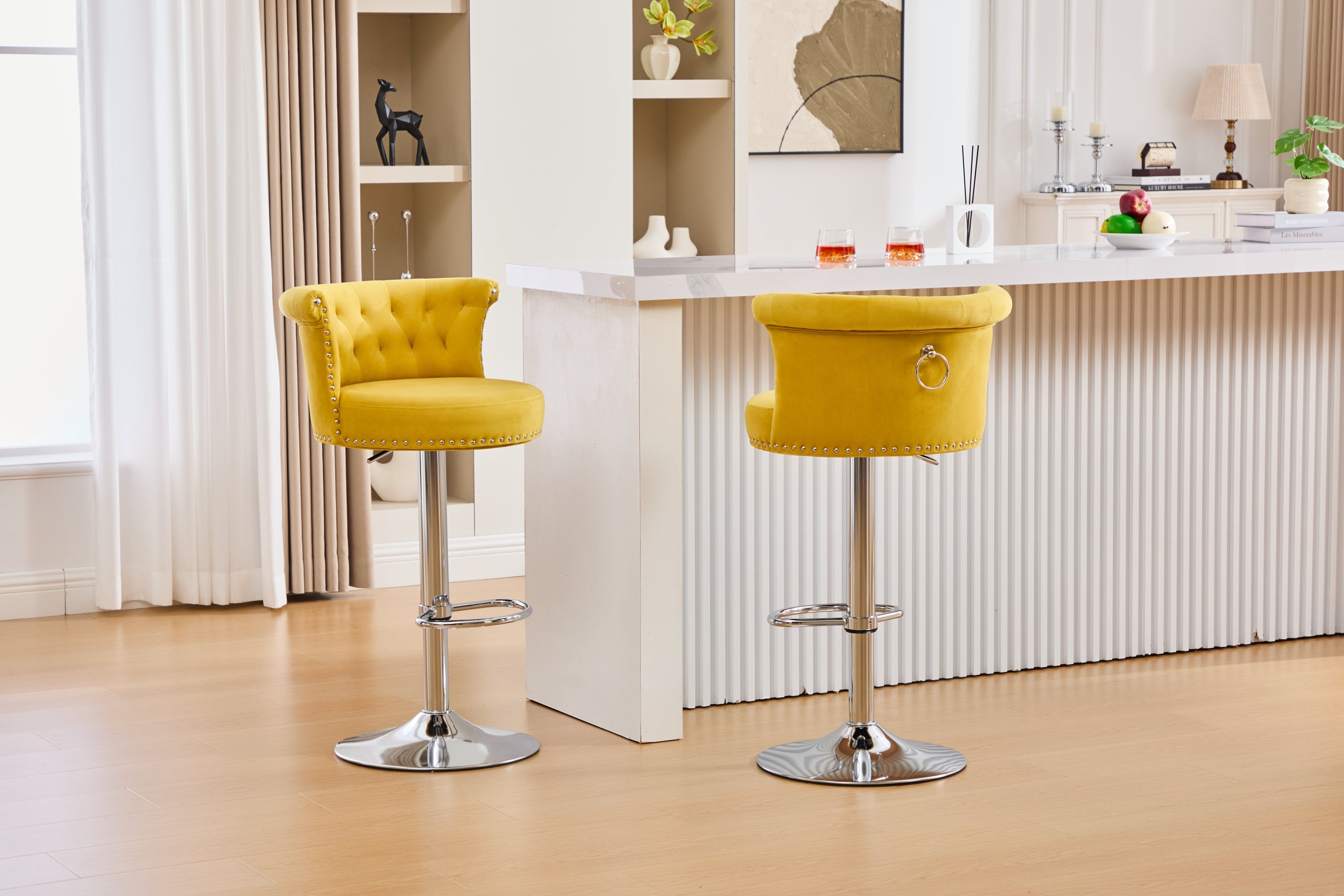 Velvet Bar Stool Set of 2, Adjustable Swivel Bar Stools with Silver