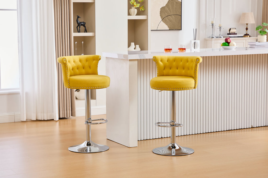 Velvet Bar Stool Set of 2, Adjustable Swivel Bar Stools with Silver