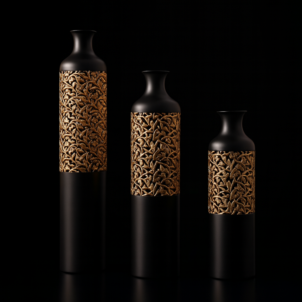 Luxury Black Metal Vase Set of 3 Large Glazed Home Decor Vases for