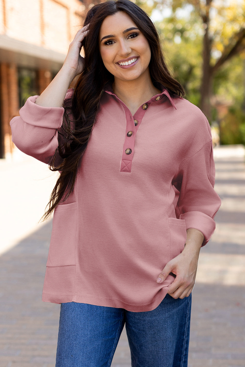 Pink Waffle Long Sleeve Collared Half Button Relaxed Fit Top