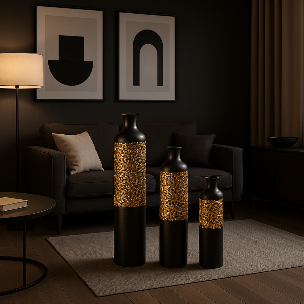 Luxury Black Metal Vase Set of 3 Large Glazed Home Decor Vases for