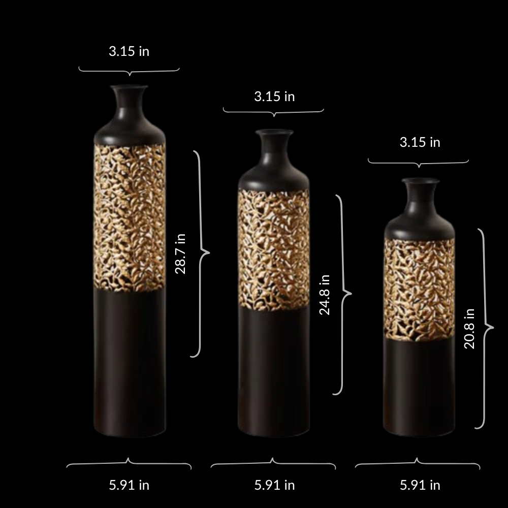 Luxury Black Metal Vase Set of 3 Large Glazed Home Decor Vases for
