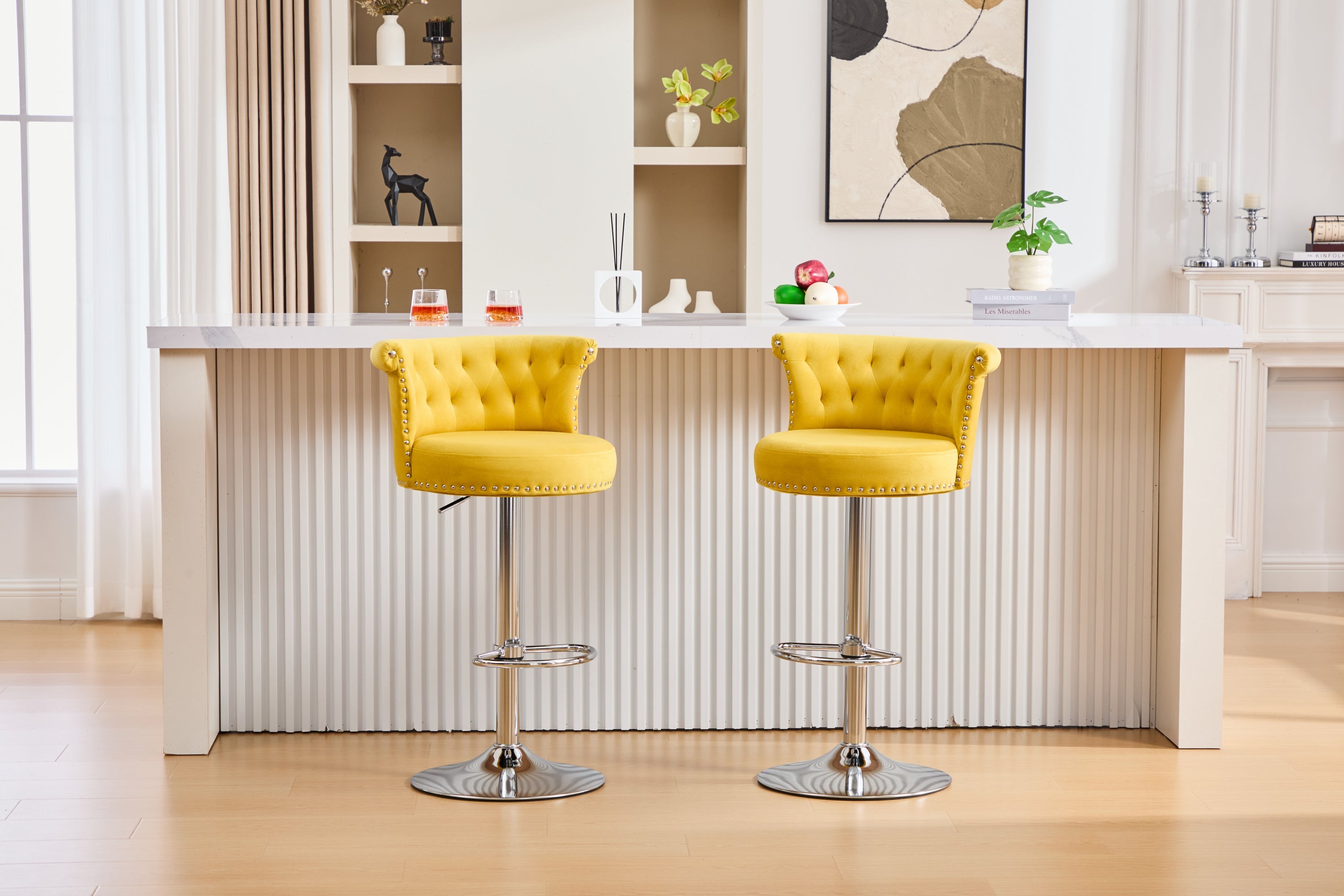 Velvet Bar Stool Set of 2, Adjustable Swivel Bar Stools with Silver