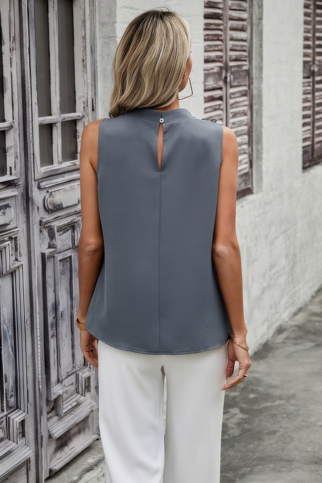 Button Trim Layered Collar Sleeveless Blouse