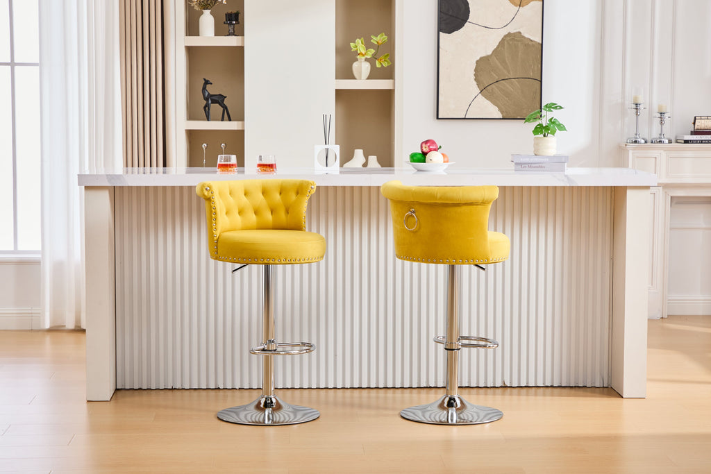 Velvet Bar Stool Set of 2, Adjustable Swivel Bar Stools with Silver