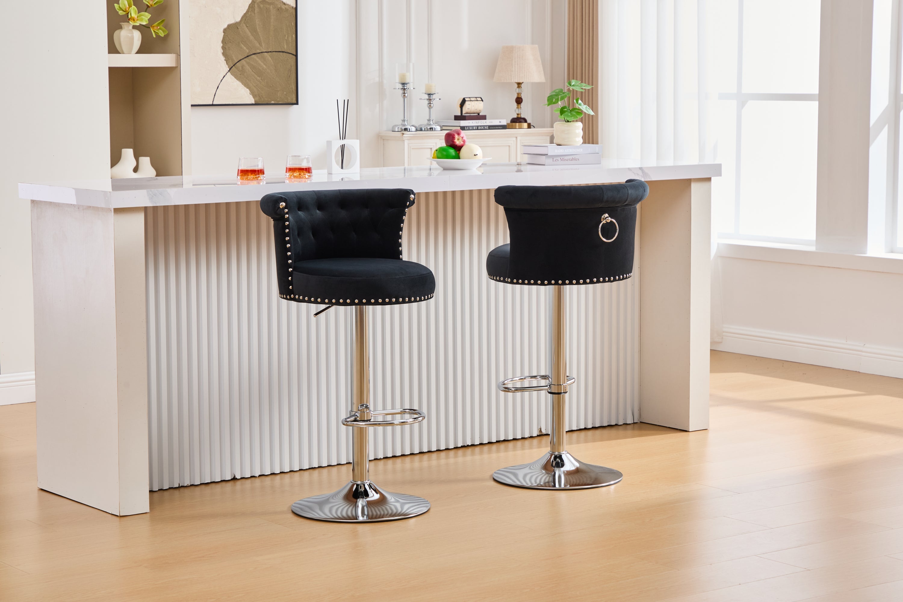 Velvet Bar Stool Set of 2, Adjustable Swivel Bar Stools with Silver