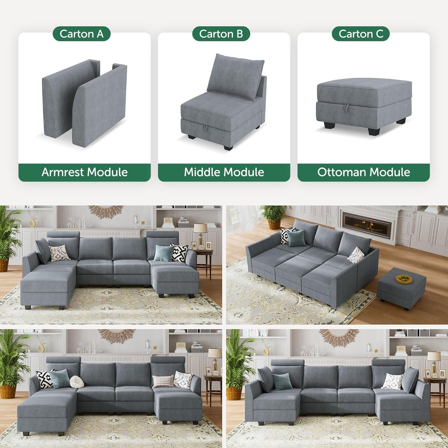 Convertible Sectional Sofa Bluish Grey Modular Storage