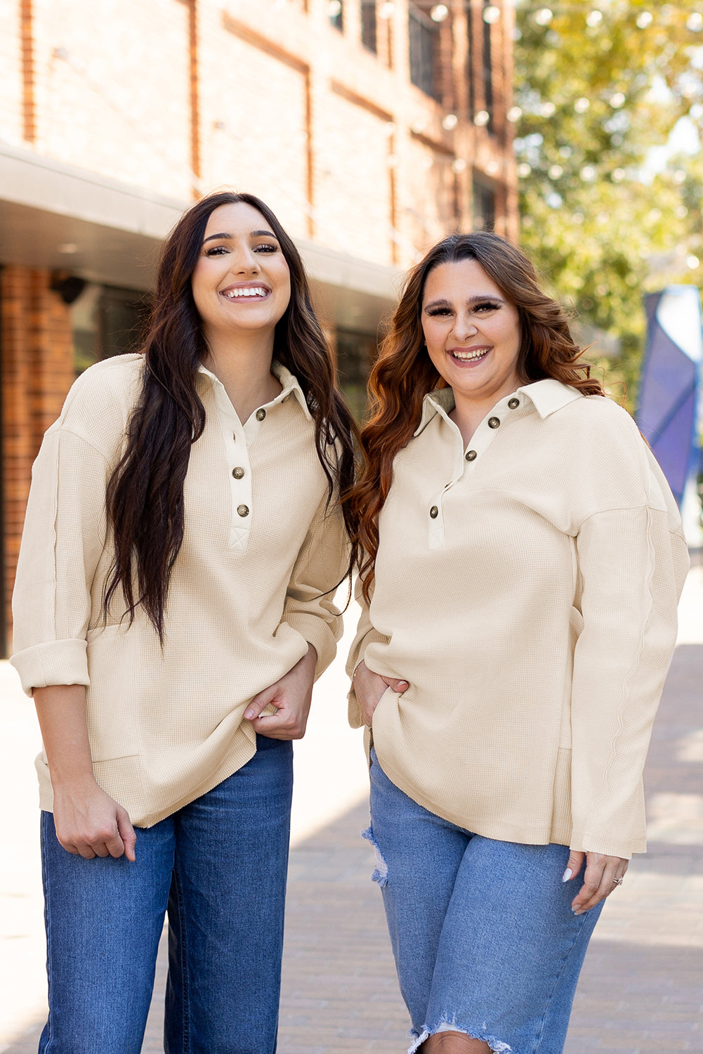 Pink Waffle Long Sleeve Collared Half Button Relaxed Fit Top