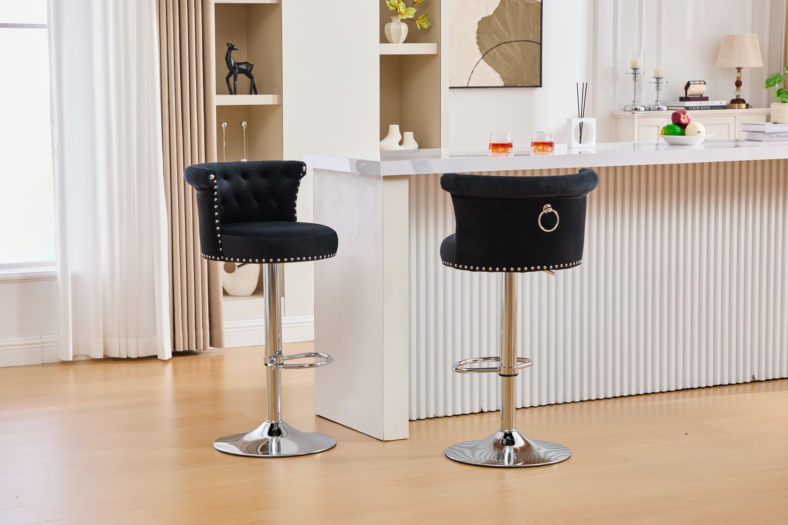 Velvet Bar Stool Set of 2, Adjustable Swivel Bar Stools with Silver