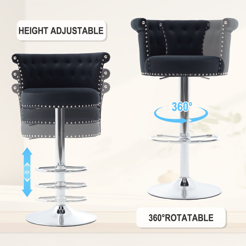 Velvet Bar Stool Set of 2, Adjustable Swivel Bar Stools with Silver