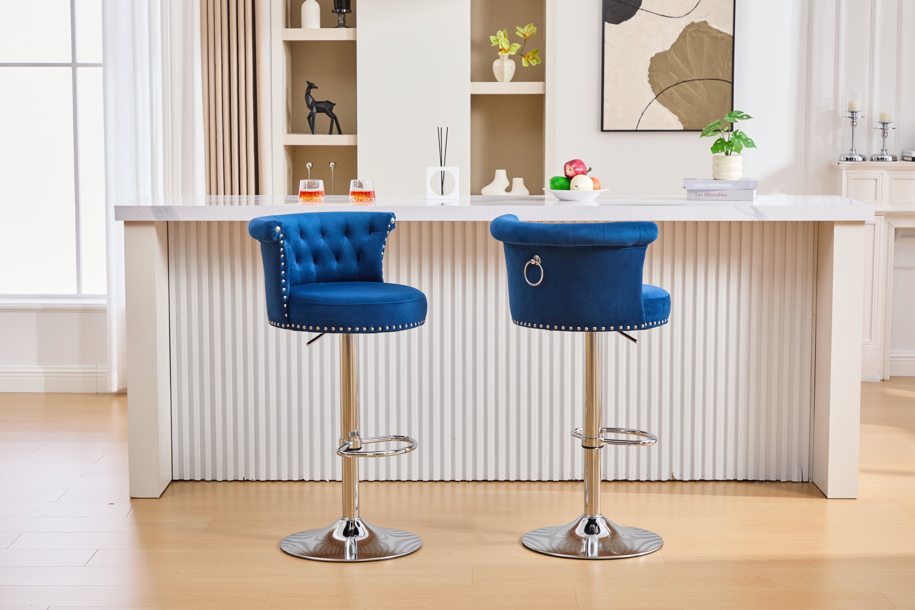 Velvet Bar Stool Set of 2, Adjustable Swivel Bar Stools with Silver