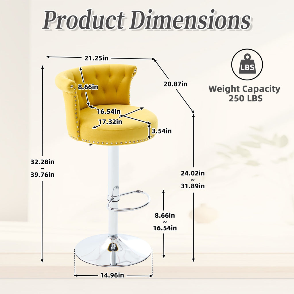 Velvet Bar Stool Set of 2, Adjustable Swivel Bar Stools with Silver