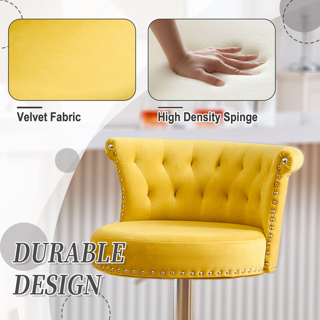 Velvet Bar Stool Set of 2, Adjustable Swivel Bar Stools with Silver