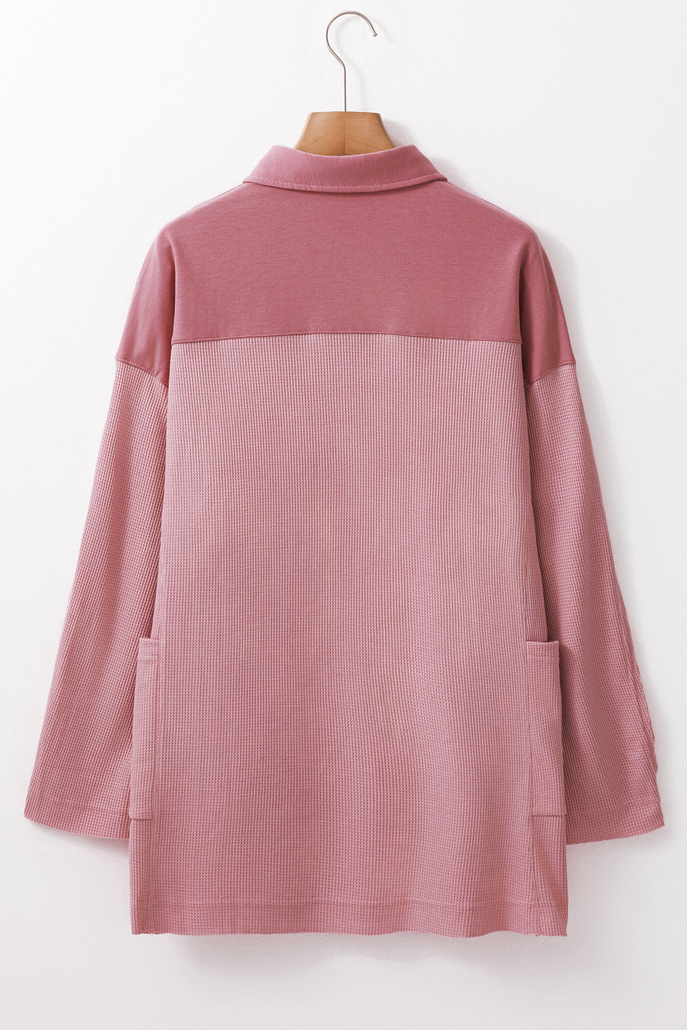 Pink Waffle Long Sleeve Collared Half Button Relaxed Fit Top