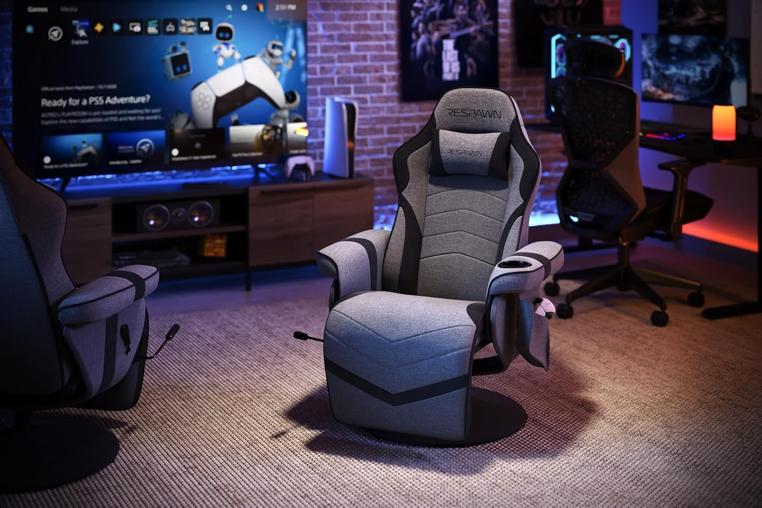 900 Gaming Recliner Gray Fabric With Adjustable Leg Rest Cupholder