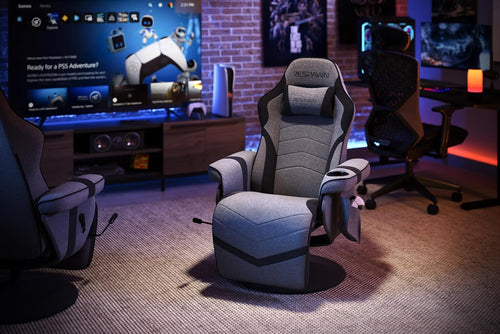 900 Gaming Recliner Gray Fabric With Adjustable Leg Rest Cupholder