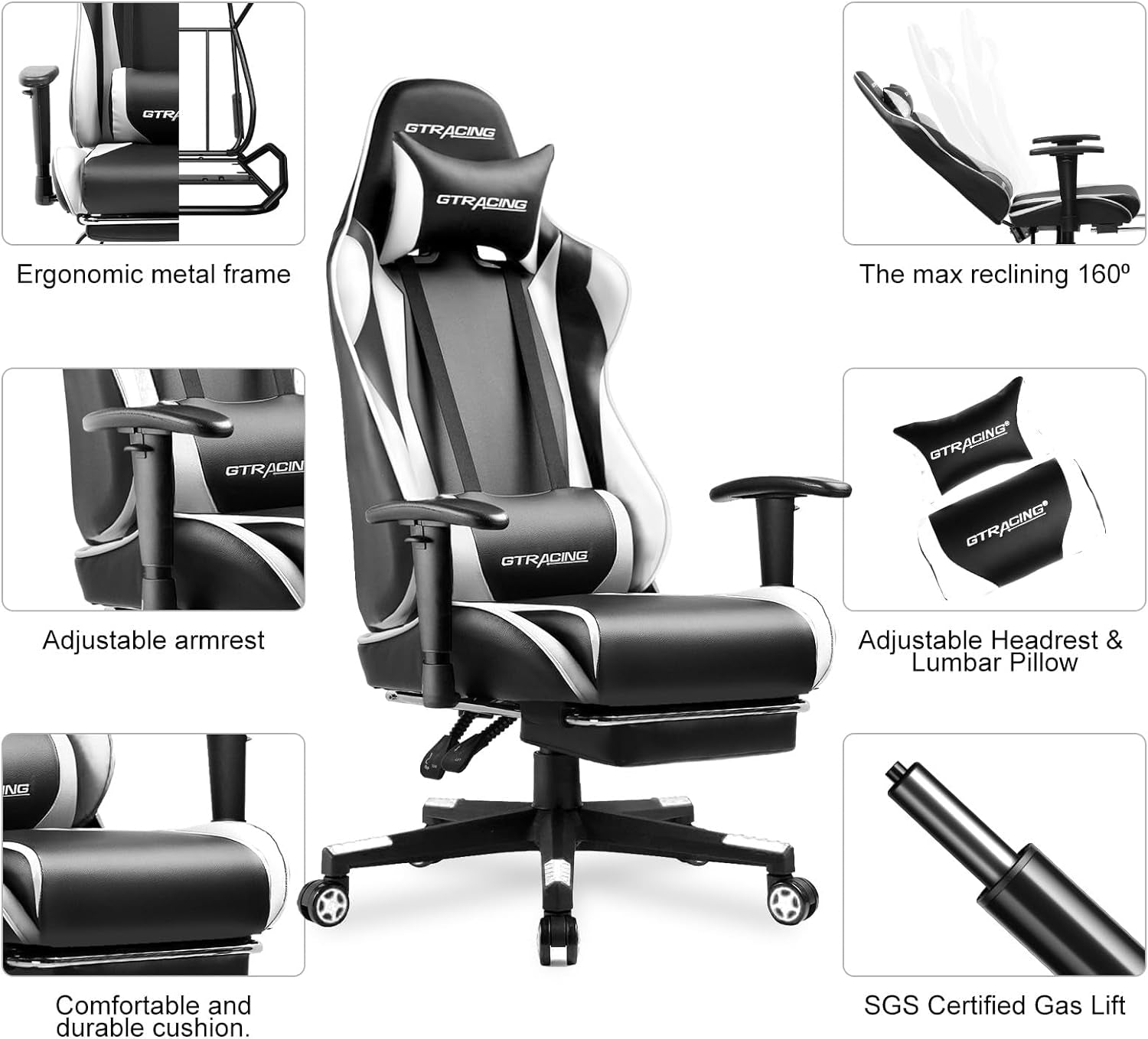 White Ergonomic Gaming Chair With Footrest And Height Adjustable