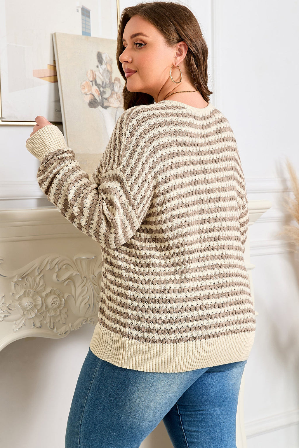 Plus Size Stripe V-Neck Drop Shoulder Sweater