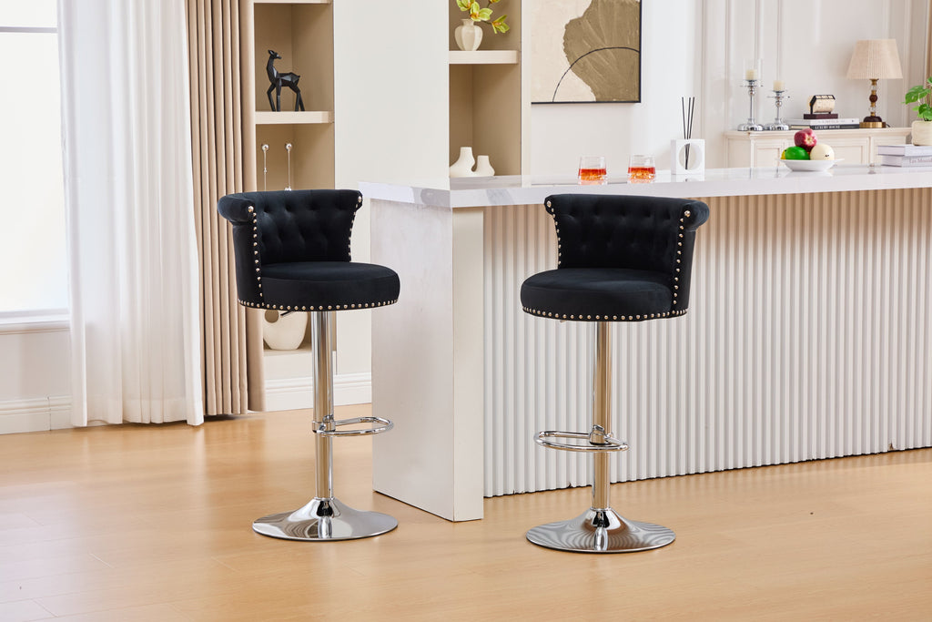 Velvet Bar Stool Set of 2, Adjustable Swivel Bar Stools with Silver
