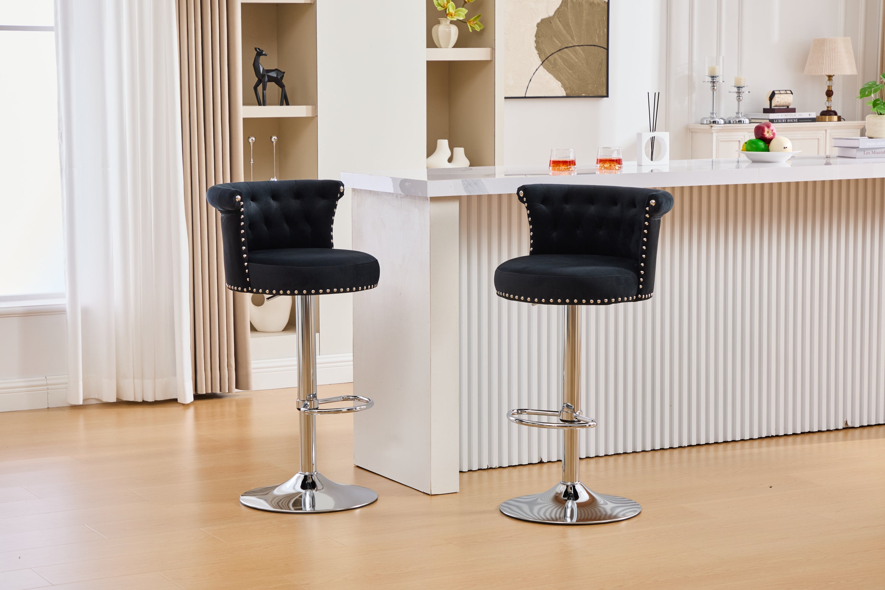 Velvet Bar Stool Set of 2, Adjustable Swivel Bar Stools with Silver