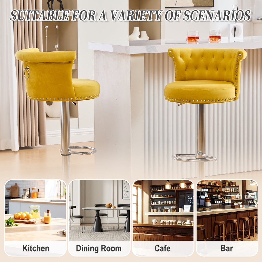 Velvet Bar Stool Set of 2, Adjustable Swivel Bar Stools with Silver