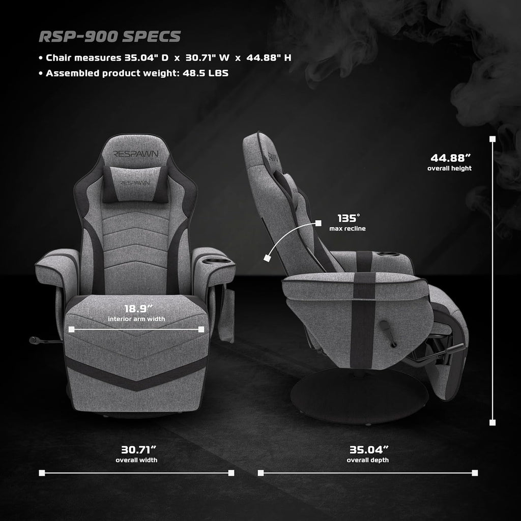 900 Gaming Recliner Gray Fabric With Adjustable Leg Rest Cupholder