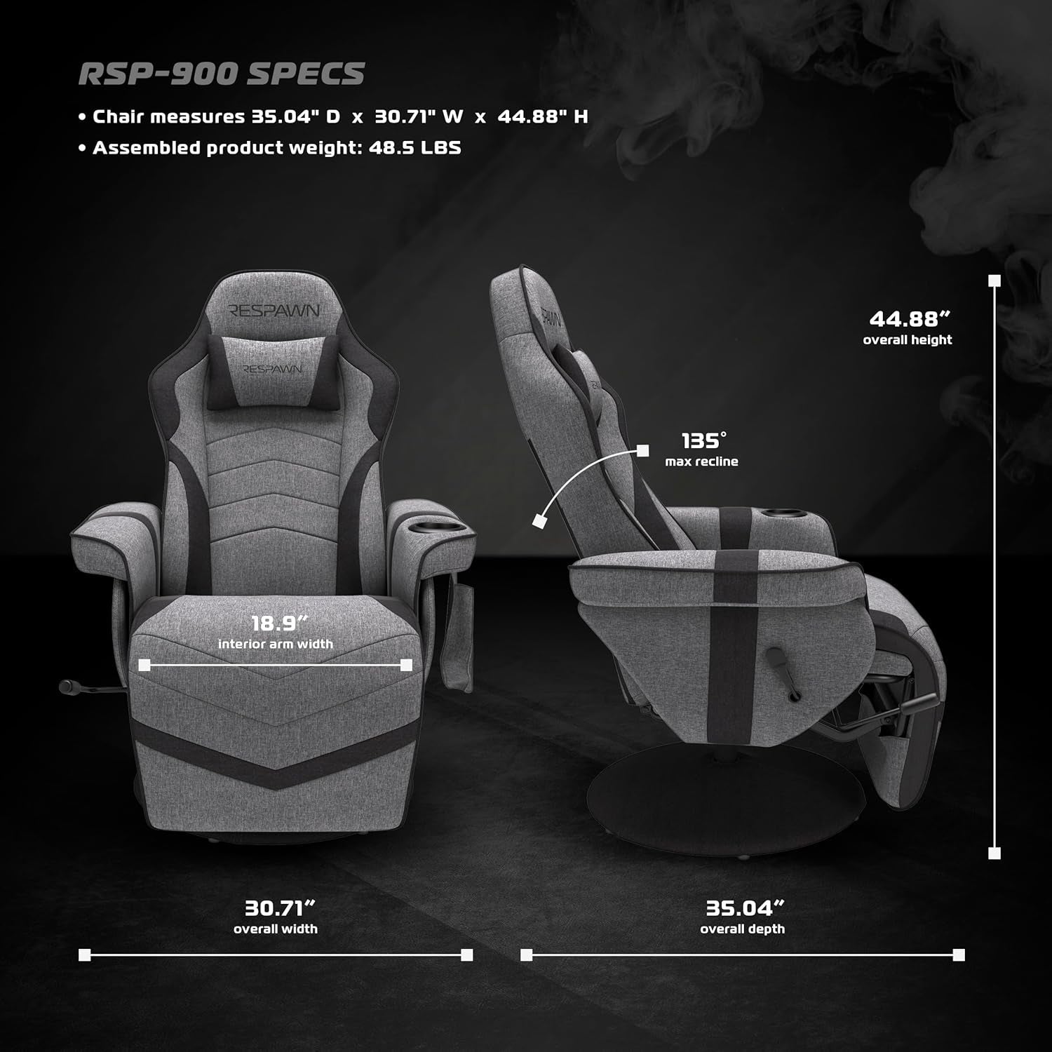 900 Gaming Recliner Gray Fabric With Adjustable Leg Rest Cupholder