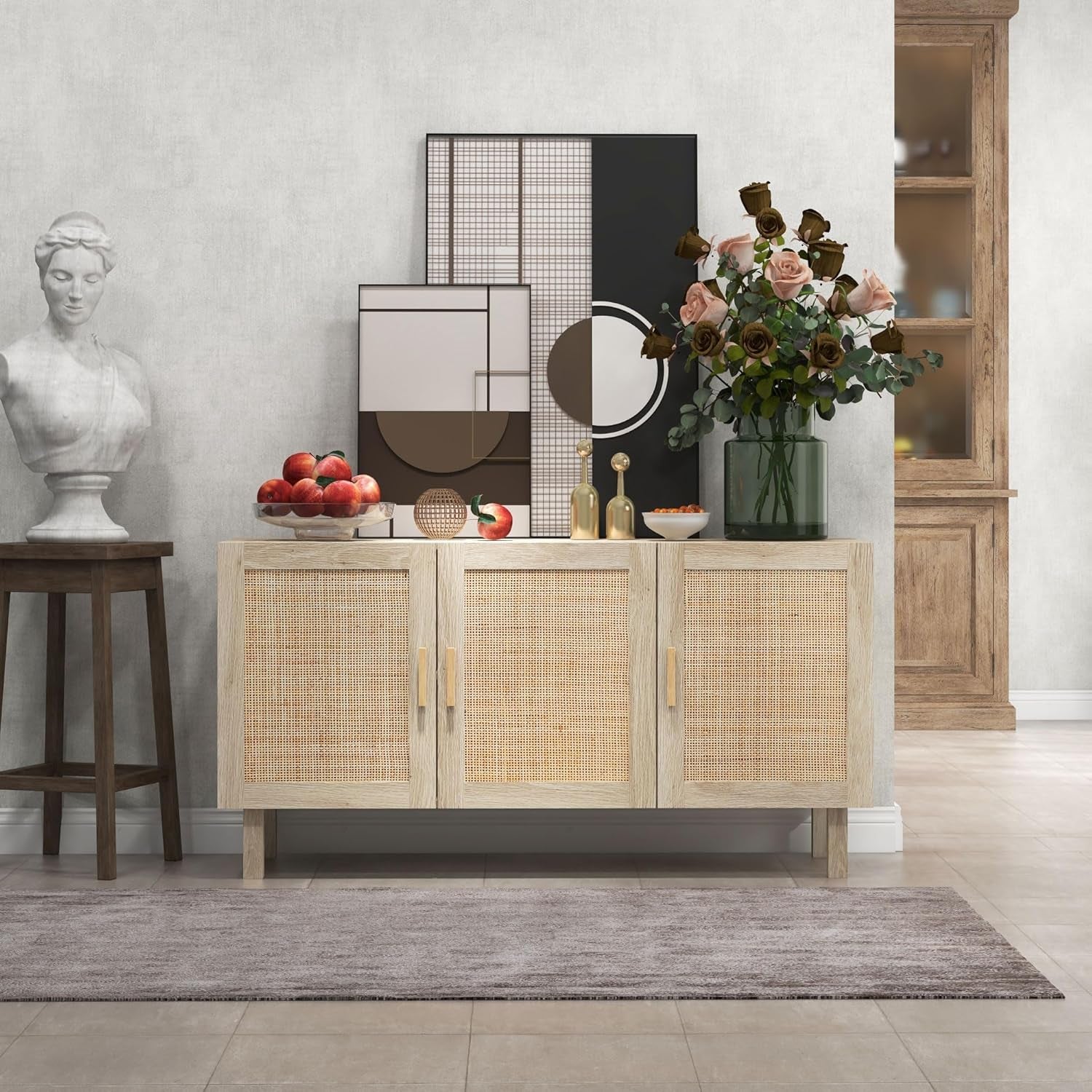 Sideboard Cabinet With Rattan Doors And Adjustable Shelves