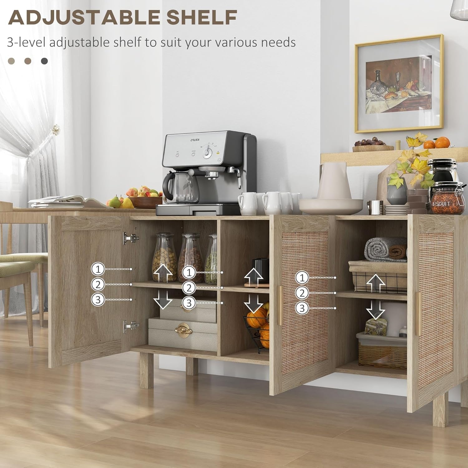 Sideboard Cabinet With Rattan Doors And Adjustable Shelves
