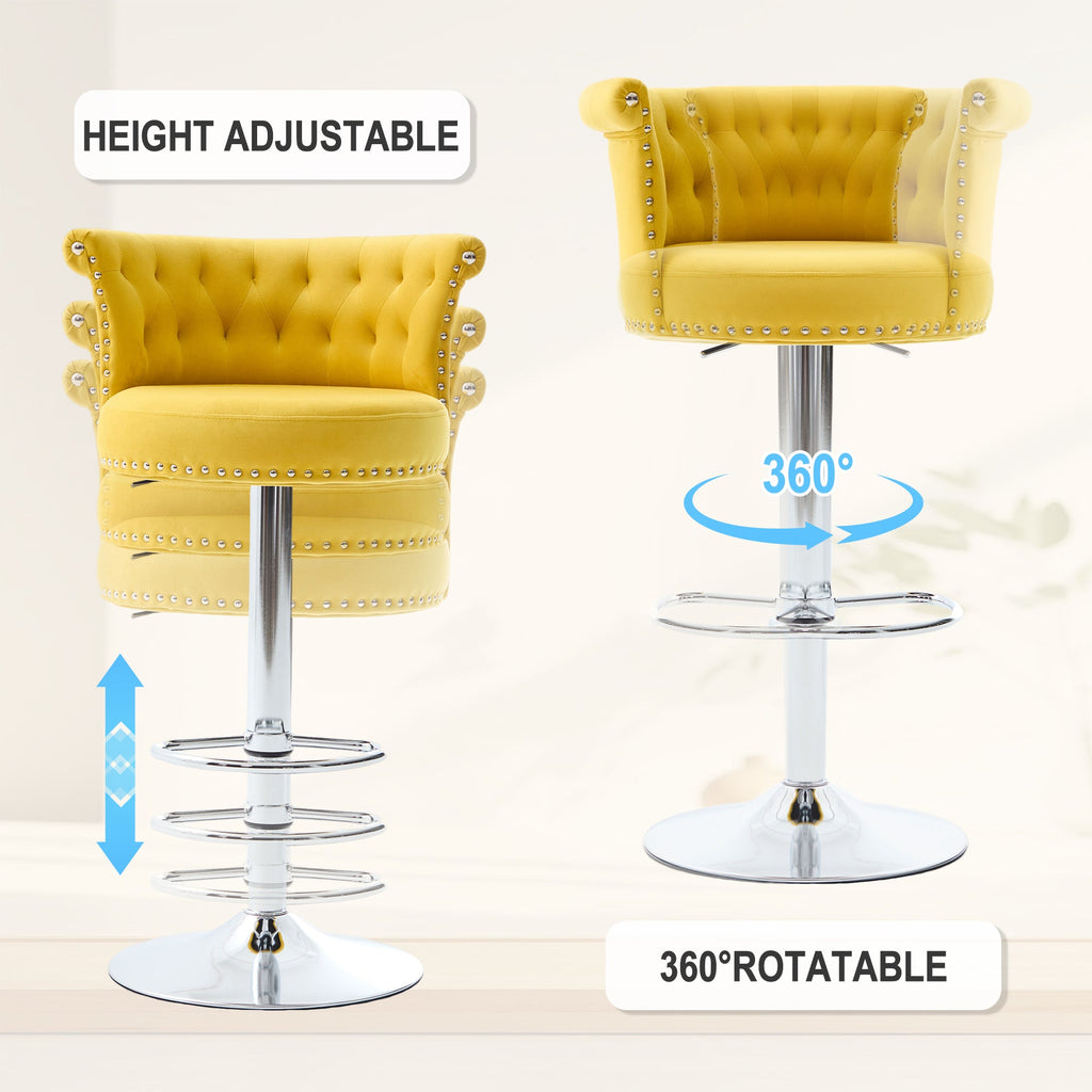 Velvet Bar Stool Set of 2, Adjustable Swivel Bar Stools with Silver