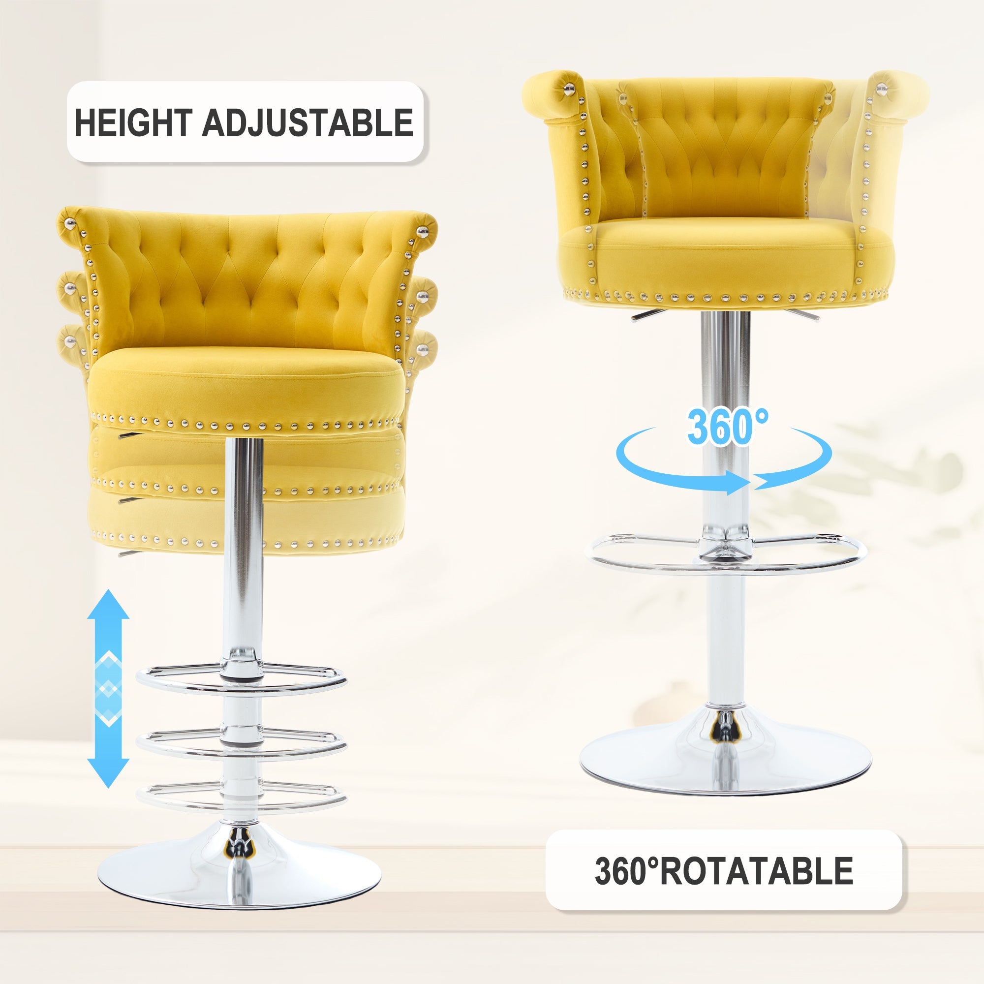 Velvet Bar Stool Set of 2, Adjustable Swivel Bar Stools with Silver