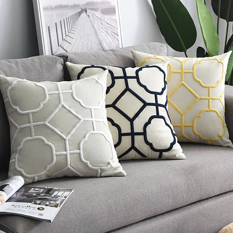 Modern Geometric Linen Embroidered Throw Pillow Cover
